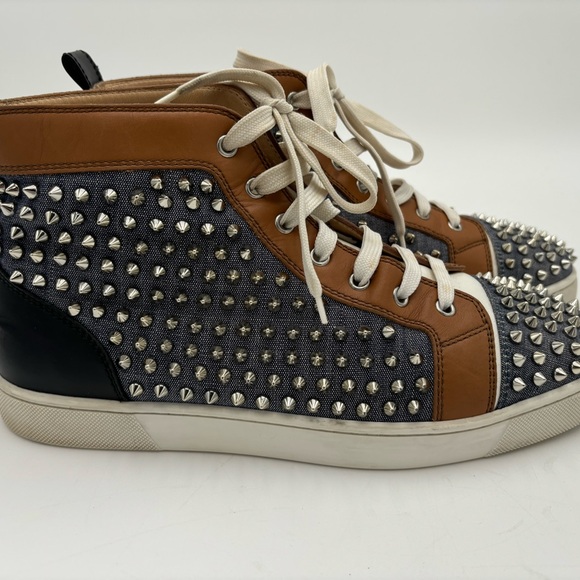 Christian Louboutin Men's Spiked Denim Leather High Top Sneakers - Picture 5 of 7